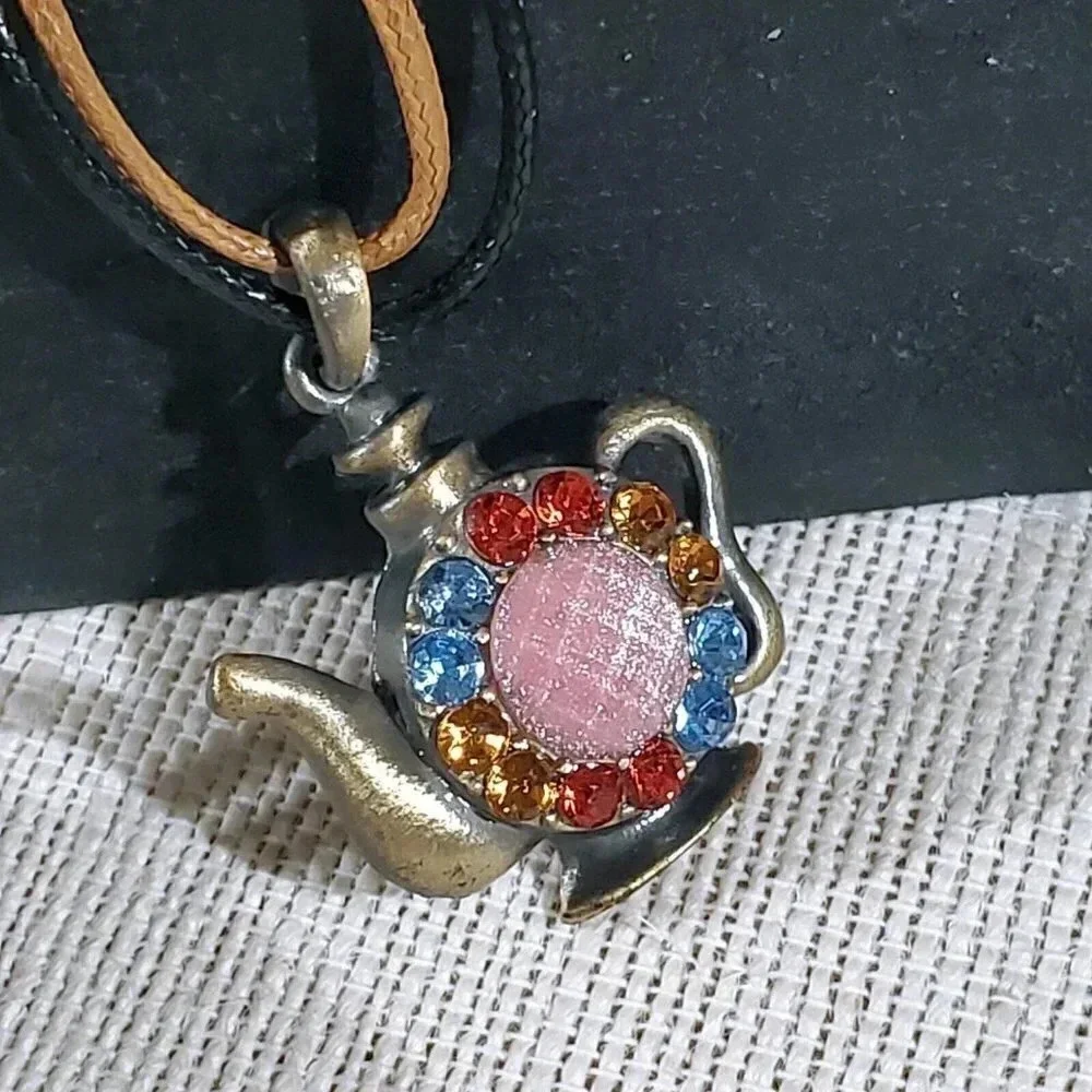 Rustic Antique Bronze Rhinestones Teapot Pendant Necklace Vegan Leather Cord - Picture 4 of 11